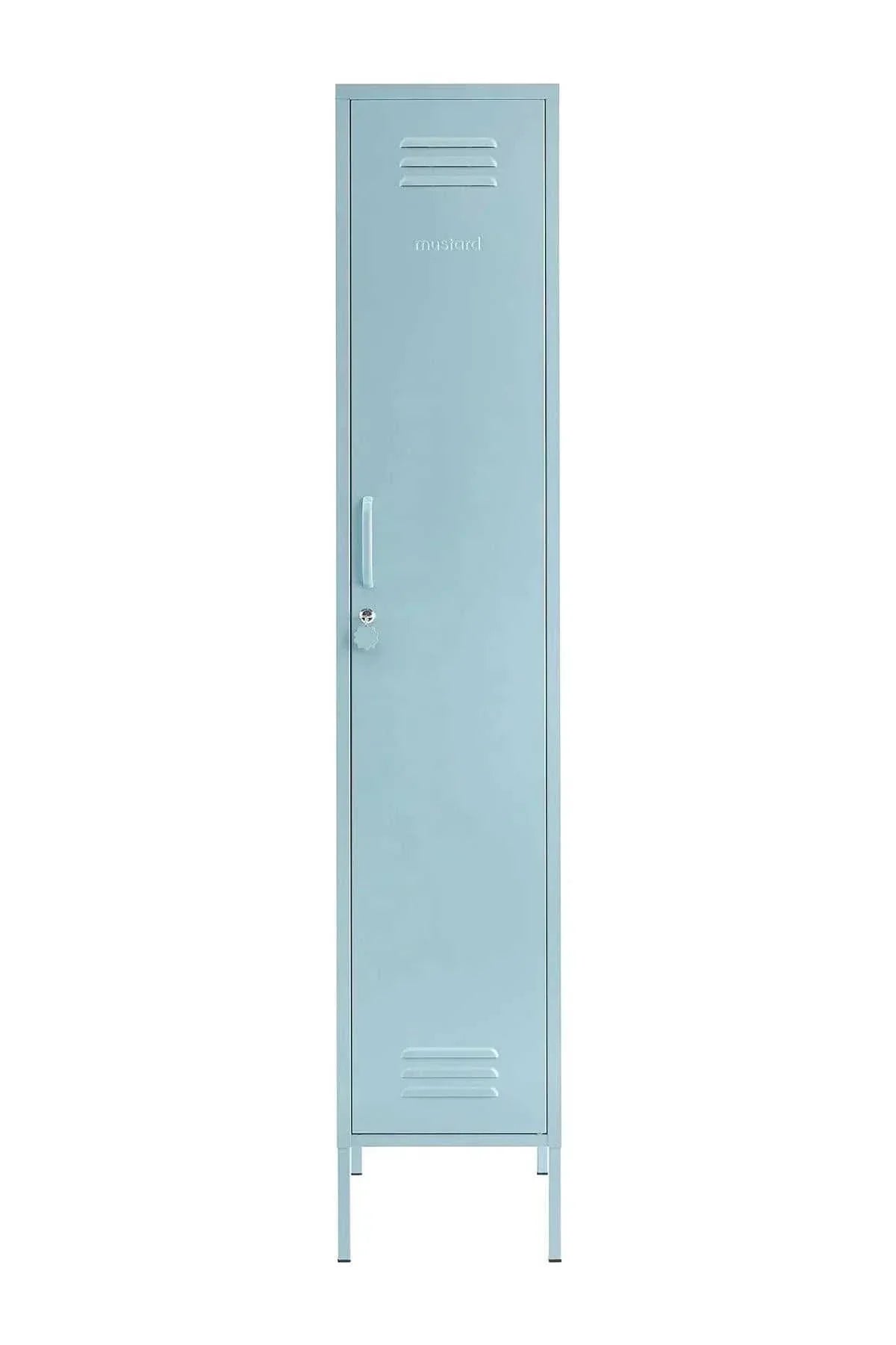 Tall skinny light blue Mustard Made locker with handle, lock, and ventilation vents.