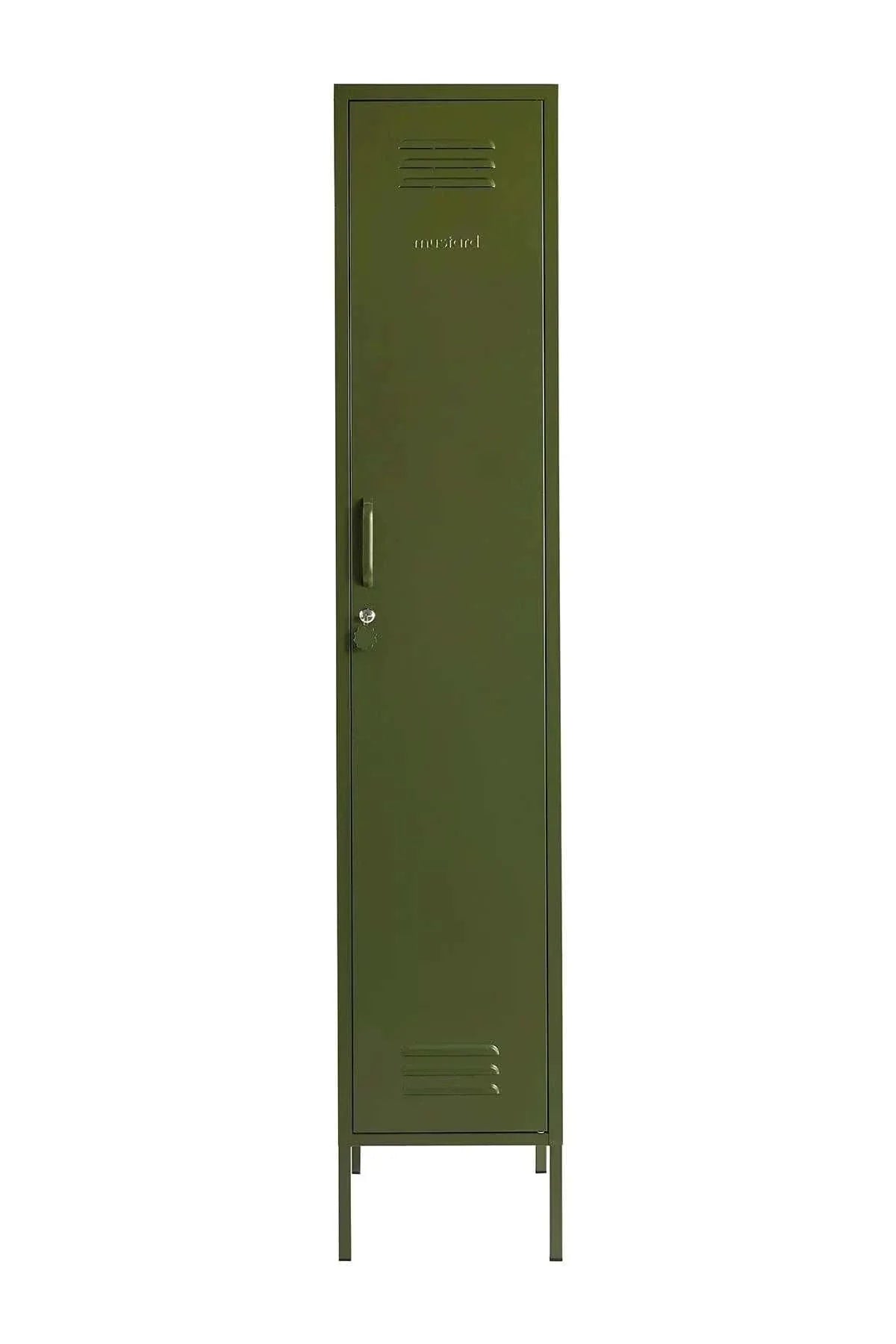 Tall skinny olive green Mustard Made locker with handle, lock, and ventilation vents.