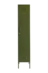 Tall skinny olive green Mustard Made locker with handle, lock, and ventilation vents.