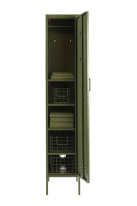 Slim olive green Mustard Made Locker with adjustable shelves, hooks, and ventilation slots, standing open and empty.