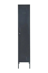 Slim black Mustard Made Locker with lock, handle, and ventilation vents for organized storage