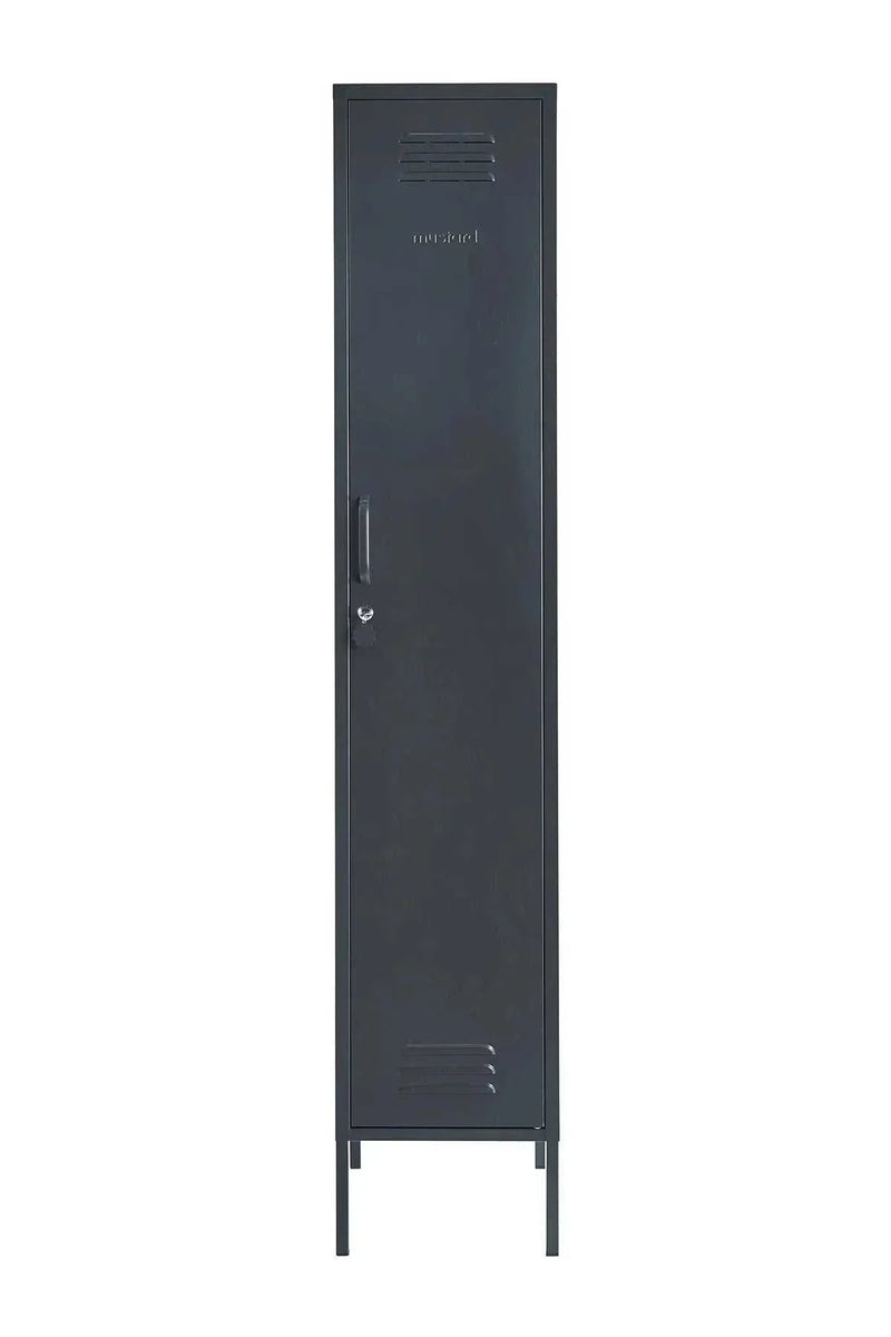 Slim black Mustard Made Locker with lock, handle, and ventilation vents for organized storage