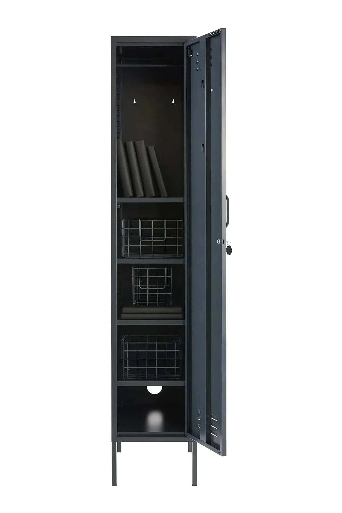 Tall black Mustard Made Locker with open door showing adjustable shelves, hooks, and storage compartments.