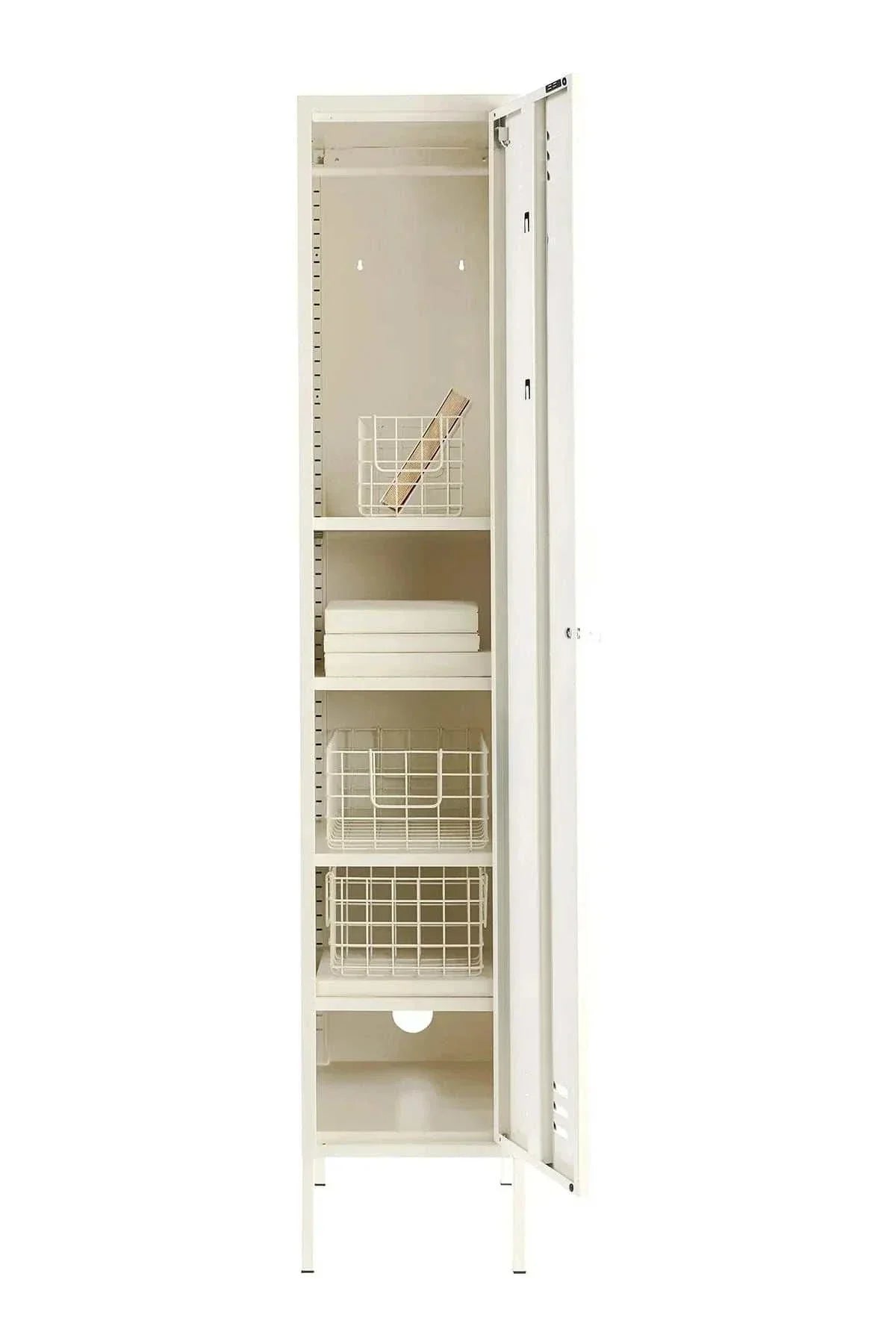 Mustard Made Locker in Chalk with slim design, adjustable shelves, hanging rail, hooks, lock, and air vents.