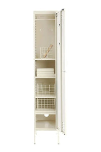 Mustard Made Locker in Chalk with slim design, adjustable shelves, hanging rail, hooks, lock, and air vents.