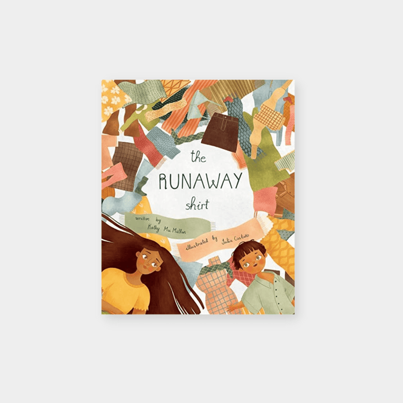 Cover of "The Runaway Shirt" children's book by Kathy MacMillan with colorful clothing illustrations and two children.