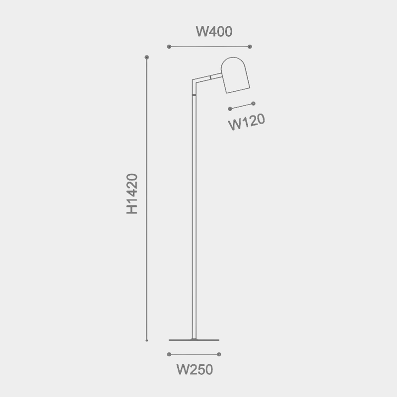 Pia floor lamp in charcoal with architectural design, E27 bulb socket, footswitch, and dimensions 142cm height x 40cm length x 25cm width.