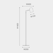 Pia floor lamp in charcoal with architectural design, E27 bulb socket, footswitch, and dimensions 142cm height x 40cm length x 25cm width.