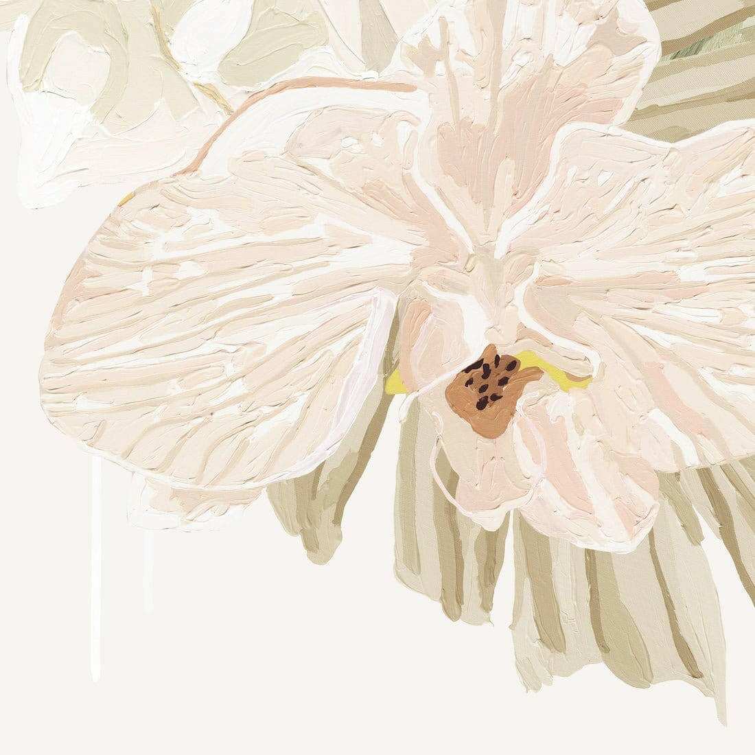 Limited edition fine art canvas print featuring large scale floral with textured brush strokes and dripping paint on a pastel background