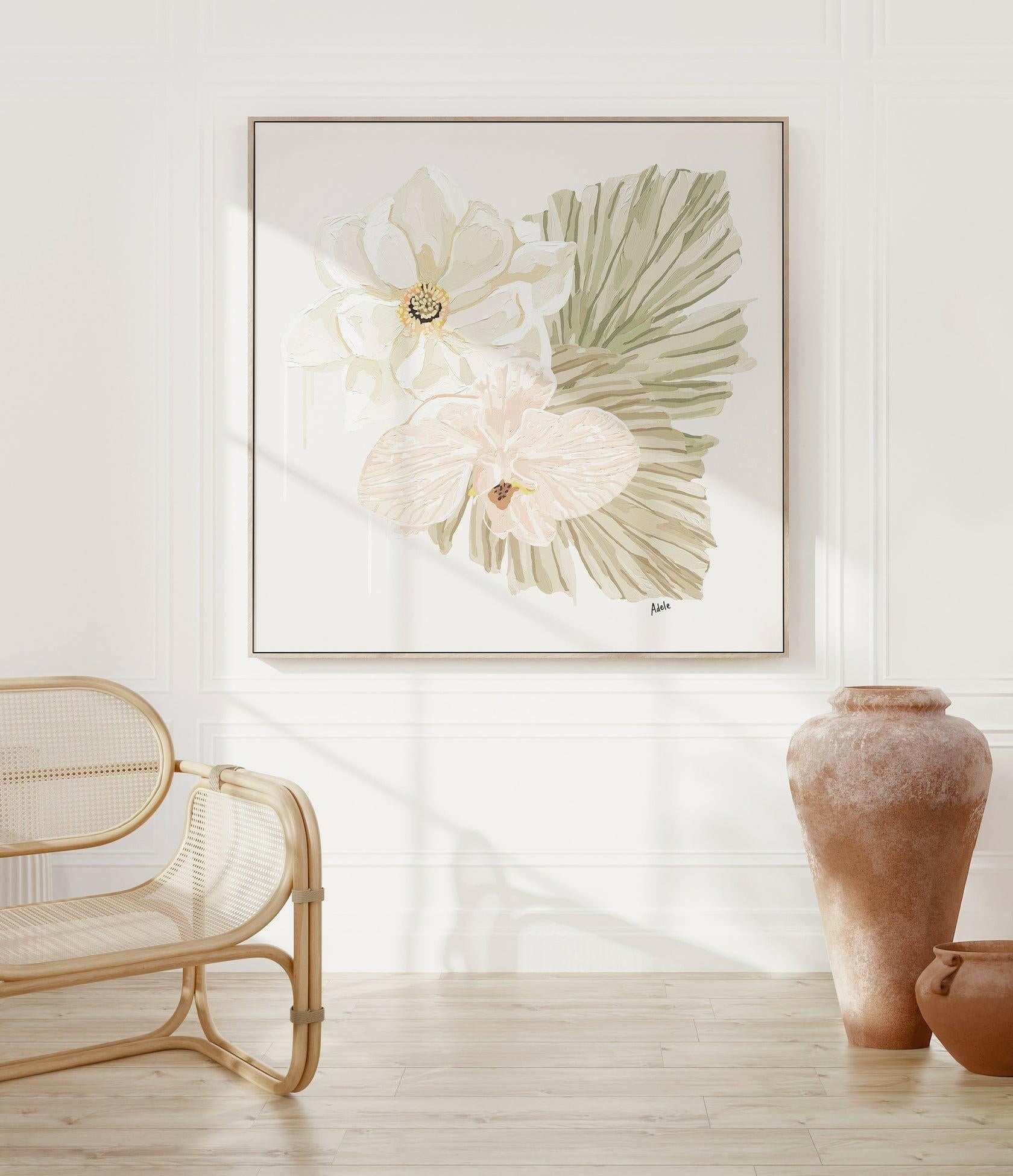 Limited edition Adele Naidoo fine art canvas print of large florals with textured brush strokes on a muted pastel background, available framed or unframed.