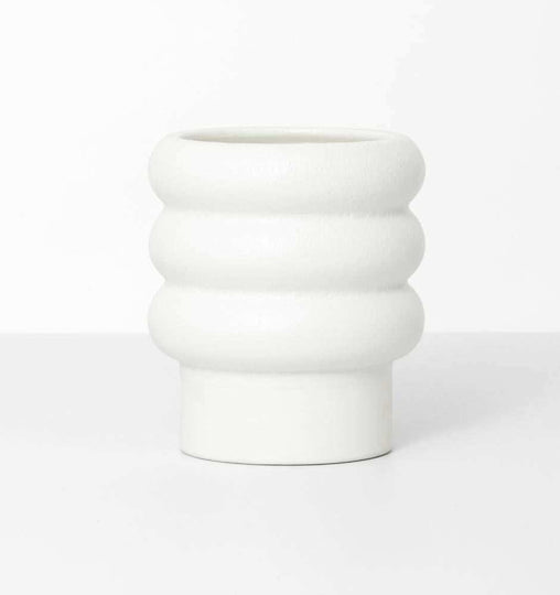 White porcelain Alder pot with a bubbled textured matte exterior and gloss glazed interior, available in various sizes