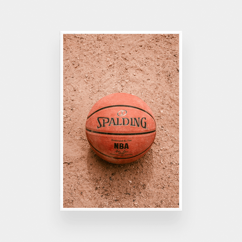 Spalding basketball print on textured dirt background, available in various sizes and framing options