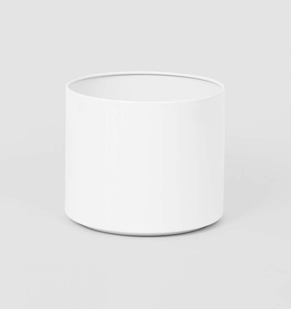 White Benny Planter made of powder-coated stainless steel with drainage hole, suitable for indoor and outdoor use