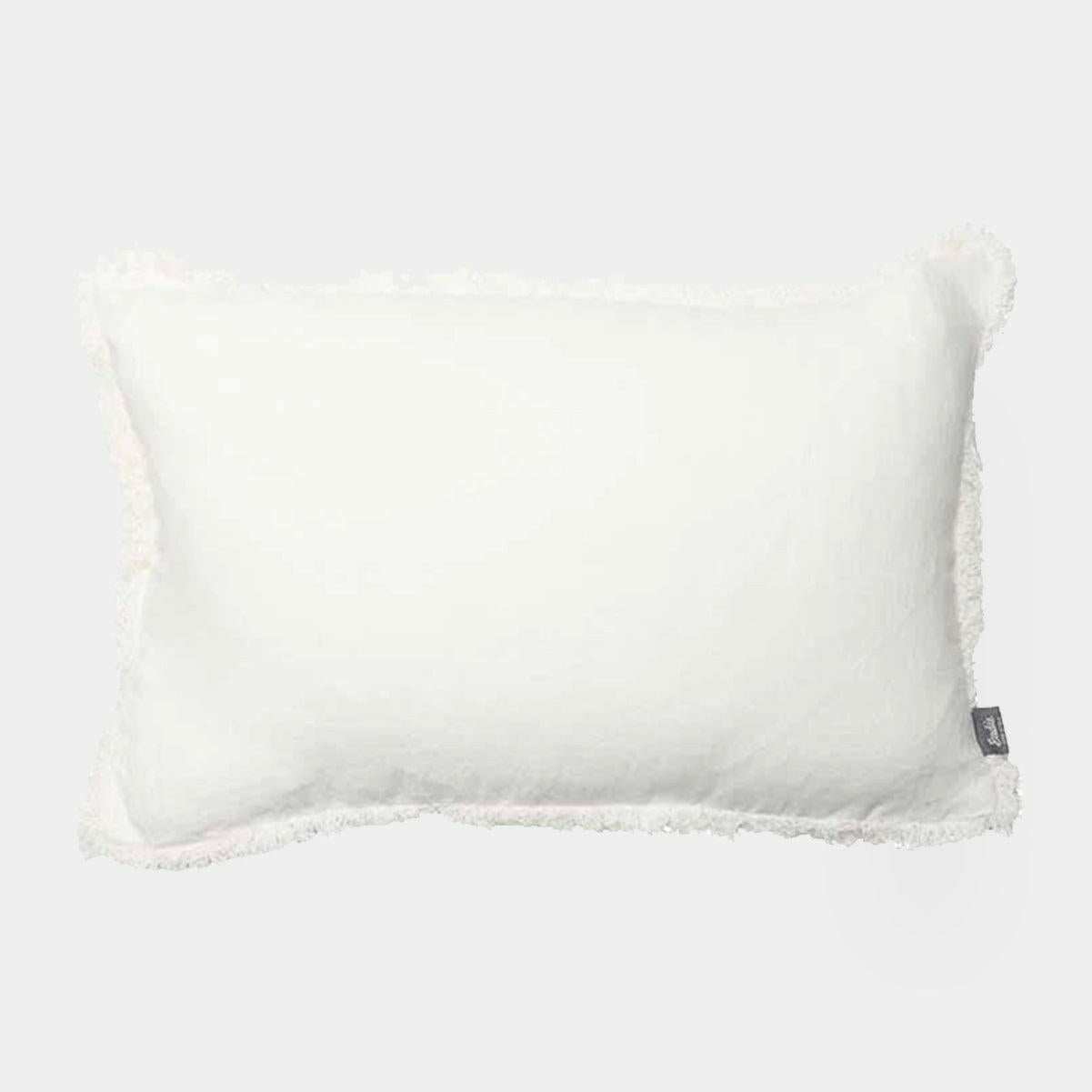 Eadie Lifestyle Luca Boho white European linen cushion with hand-frayed edges and feather insert in rectangular shape.