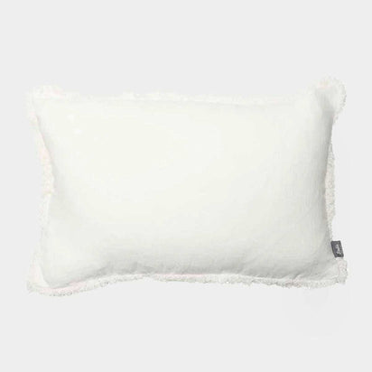 Eadie Lifestyle Luca Boho white European linen cushion with hand-frayed edges and feather insert in rectangular shape.