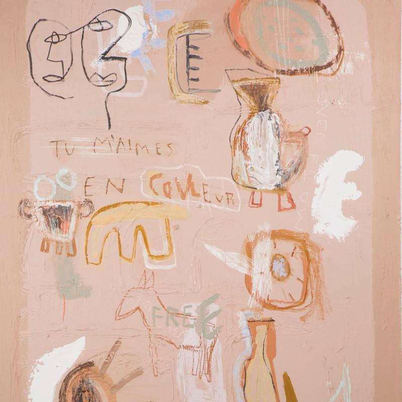 Abstract limited edition fine art print by Bonnie Gray featuring layered shapes, muted pastel tones, and handwritten elements on textured cotton rag paper