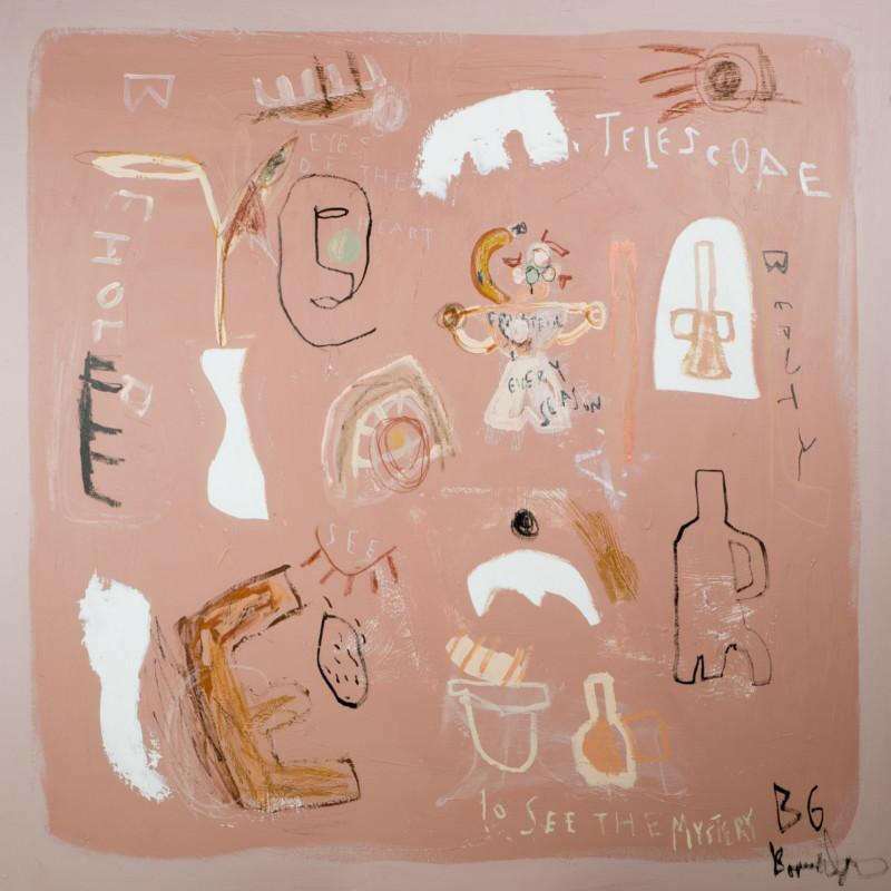 Abstract pastel-colored Bonnie Gray limited edition fine art print titled Telescope Beauty with layered shapes and subtle text on textured cotton rag paper