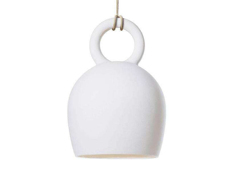 POTT Lighting Calo Pendant white bell-shaped ceramic lamp with natural jute rope hanging light