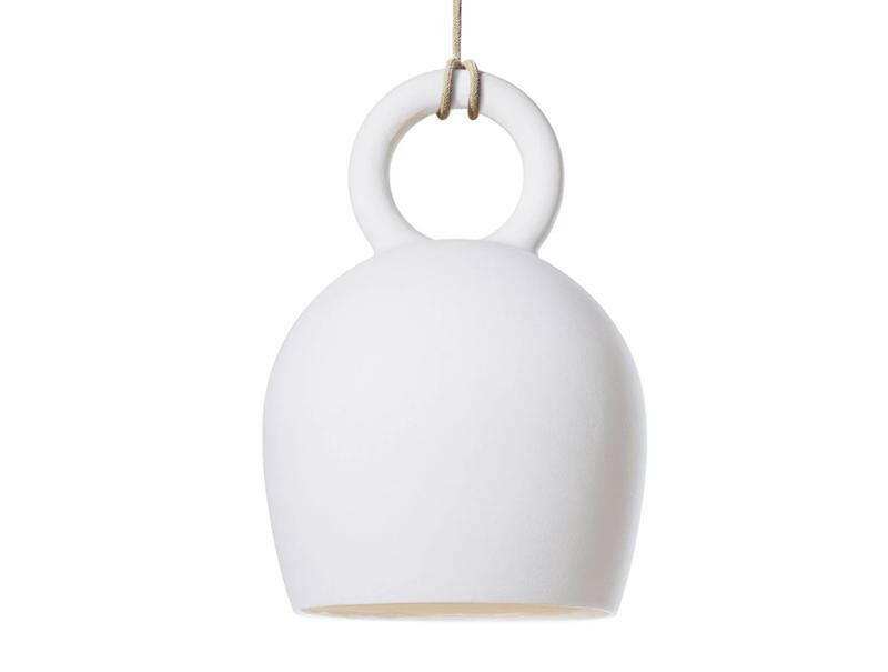 POTT Lighting Calo Pendant white bell-shaped ceramic lamp with natural jute rope hanging light
