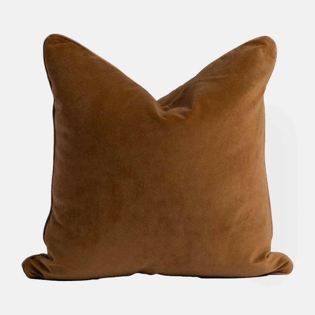 norsu STUDIO Cushion in caramel velvet with blush leather piping handcrafted in Melbourne