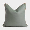 norsu cushion in celadon fabric with blush leather piping, handmade decorative pillow