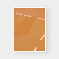 Abstract court lines print in warm orange tones on fine art paper, available framed or unframed in various sizes.