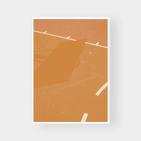 Abstract court lines print in warm orange tones on fine art paper, available framed or unframed in various sizes.