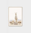 Framed photographic print of two curious llamas in a minimalist desert landscape, oak frame, Middle of Nowhere artwork