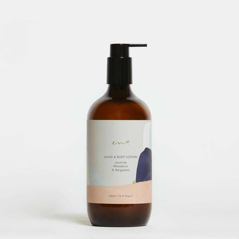 Ena Hand & Body Lotion 500ml bottle with jasmine, mandarin, and bergamot essential oils in amber pump container