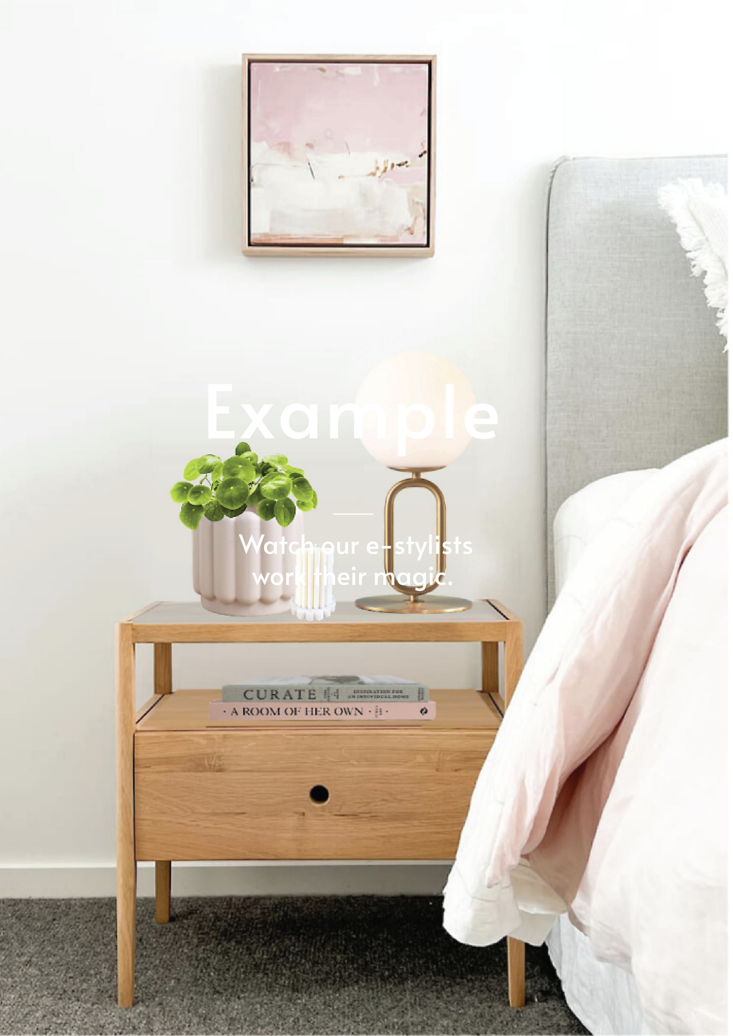 Minimalist bedside table styling with wooden table, modern lamp, green plant, and soft neutral bedroom decor