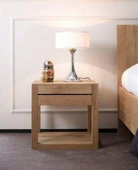 Ethnicraft Azur Bedside Table in natural oak with one drawer, solid European oak wood, modern minimalist design next to bed
