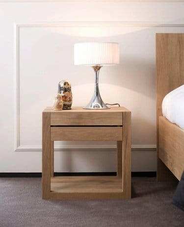 Ethnicraft Azur Bedside Table in natural oak with one drawer, solid European oak wood, modern minimalist design next to bed