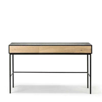 Ethnicraft Blackbird console desk with natural oak drawers and black metal frame