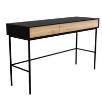 Ethnicraft Blackbird console desk with black frame and natural oak drawers, modern solid oak design with two soft-close drawers