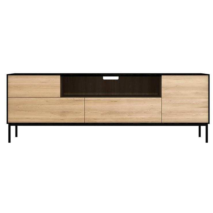 Ethnicraft Blackbird Entertainment Unit in black oak with one door, one flip-down door and two drawers, solid European oak wood design