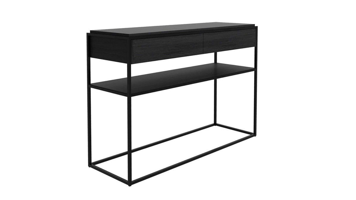 Ethnicraft Monolit Console in black with oak drawers and metal frame, modern console table with lower shelf.
