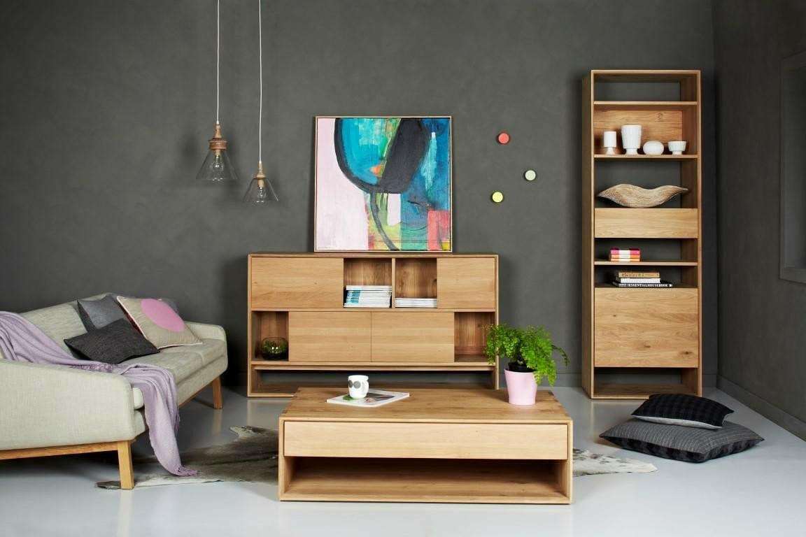 Ethnicraft Nordic Coffee Table in natural oak with single drawer in modern living room setting