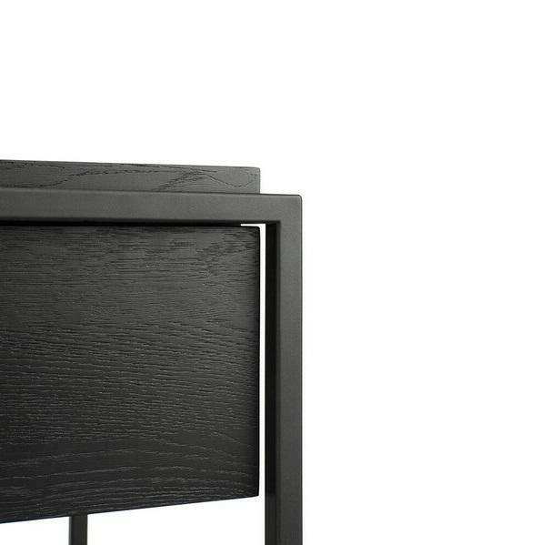 Ethnicraft Oak Monolit bedside table in black with one drawer, solid oak wood and black steel frame