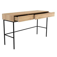 Ethnicraft Whitebird Console in natural oak with black metal legs, featuring two soft-close drawers, designed as a versatile desk or console table.