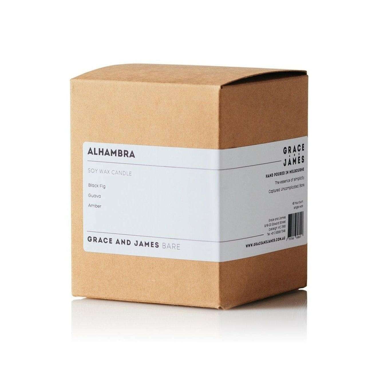 Grace and James Alhambra scented soy wax candle with black fig, guava, and amber fragrance in a brown box