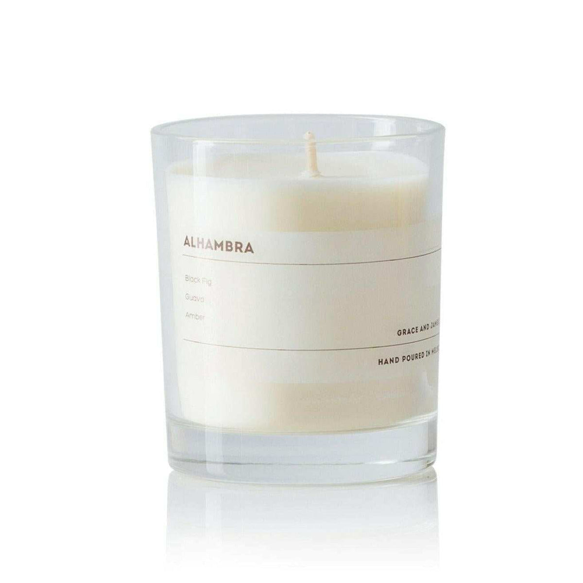 Grace and James Alhambra scented soy wax candle with black fig, guava, and amber, single wick, 40-hour burn time