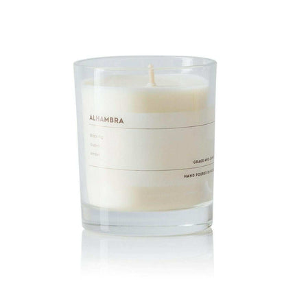 Grace and James Alhambra scented soy wax candle with black fig, guava, and amber, single wick, 40-hour burn time