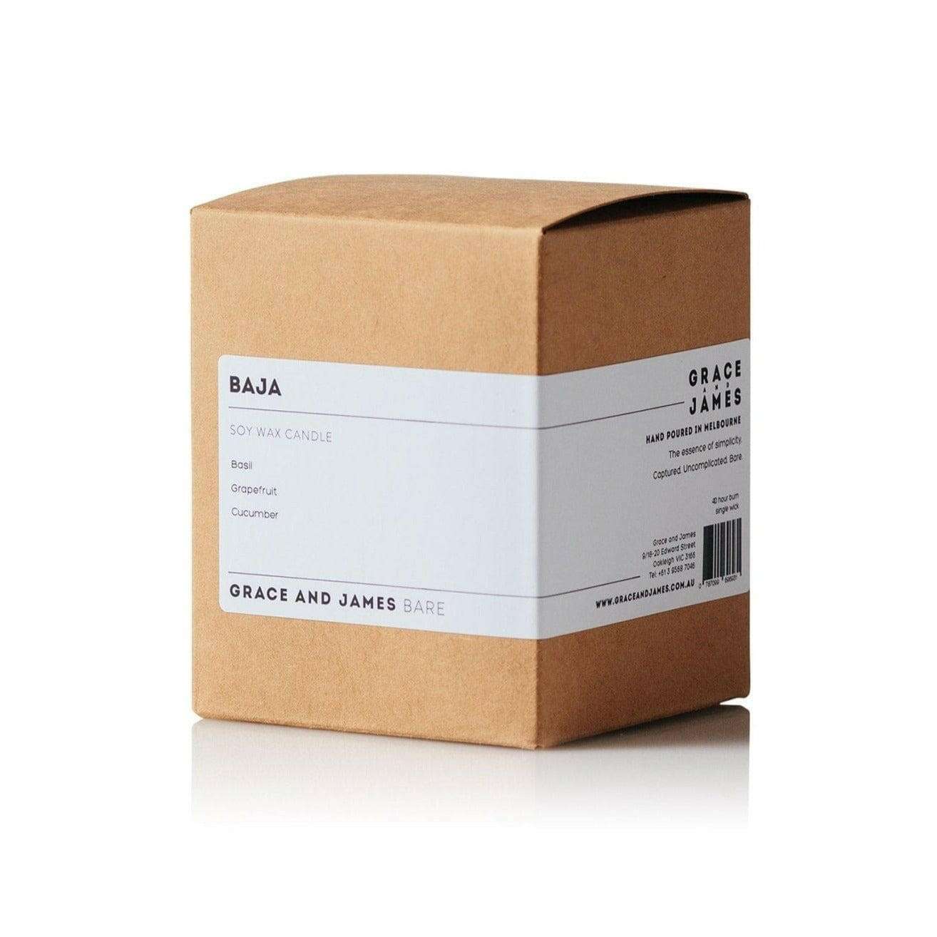 Grace and James Baja scented soy wax candle with basil, grapefruit, and cucumber fragrance in kraft box packaging