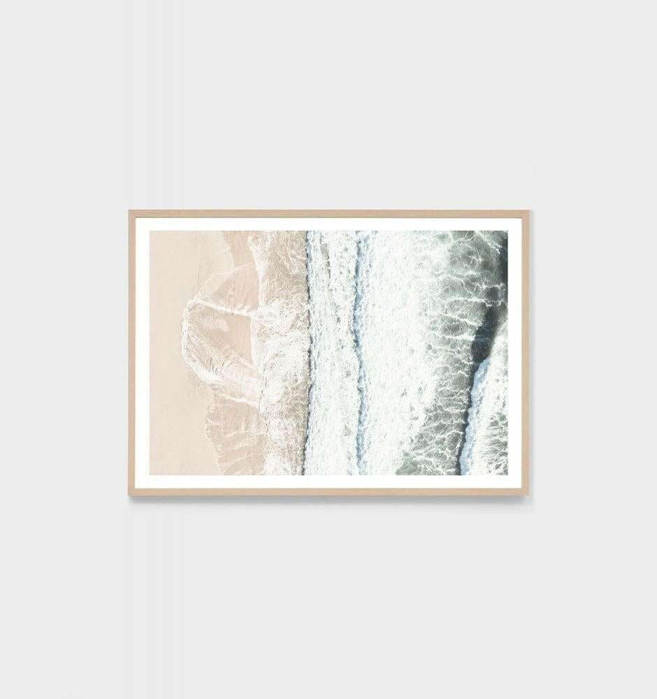 Middle of Nowhere High Tide photographic print of South East Queensland beach framed in oak behind glass