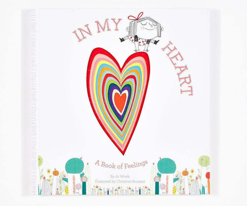 In My Heart Book cover featuring colorful layered heart illustration and a little girl, a children's book about emotions and feelings.