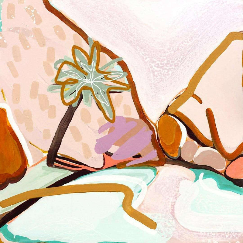 Abstract landscape canvas print by Jen Sievers featuring vibrant natural elements in warm tones, limited edition fine art.