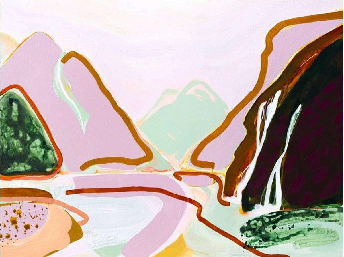 Jen Sievers Limited Edition fine art canvas print of expressive landscape with mountains and waterfall in vibrant colors