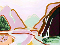 Jen Sievers Limited Edition fine art canvas print of expressive landscape with mountains and waterfall in vibrant colors