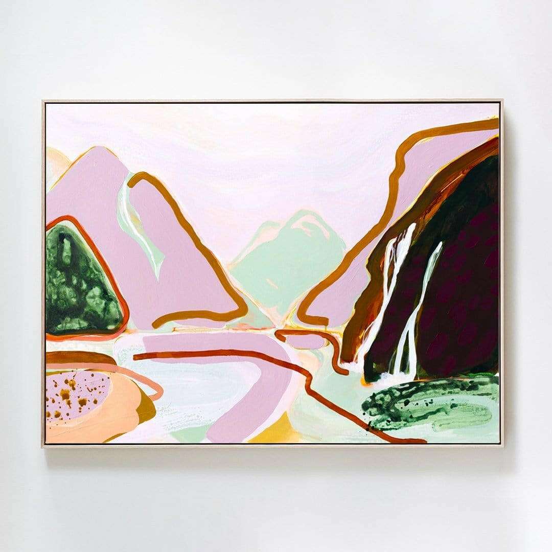 Jen Sievers limited edition fine art canvas print featuring vibrant abstract landscape with pink, green, and brown tones