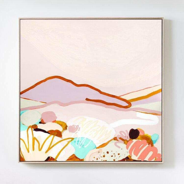 Jen Sievers Limited Edition fine art canvas print Joy Fields featuring vibrant abstract landscape with soft pastel colors and bold orange outlines in floating oak frame